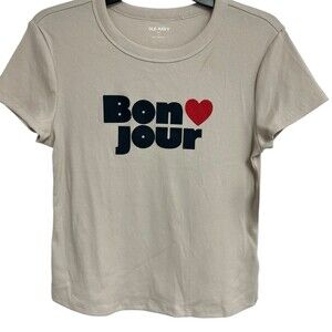 Old Navy T-Shirt Junior Size L Beige Ribbed Graphic Bon Jour Red Heart